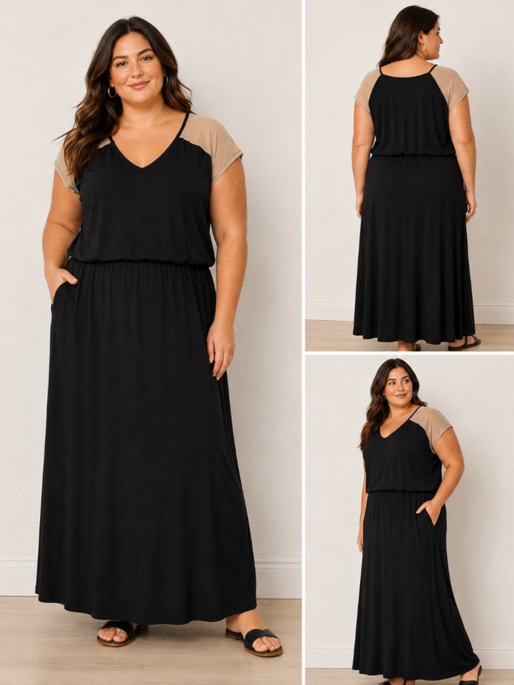 Design Lab Women's Colorblock Maxi Dress Size 1X Black & Taupe V-Neck Pockets